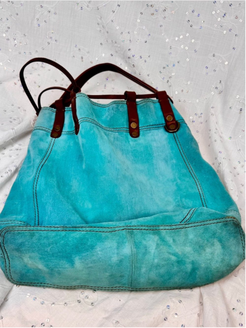 Lucky Brand Y2K Teal Suede Leather Drawstring Hobo Bag Boho Bucket Purse - Picture 4 of 7